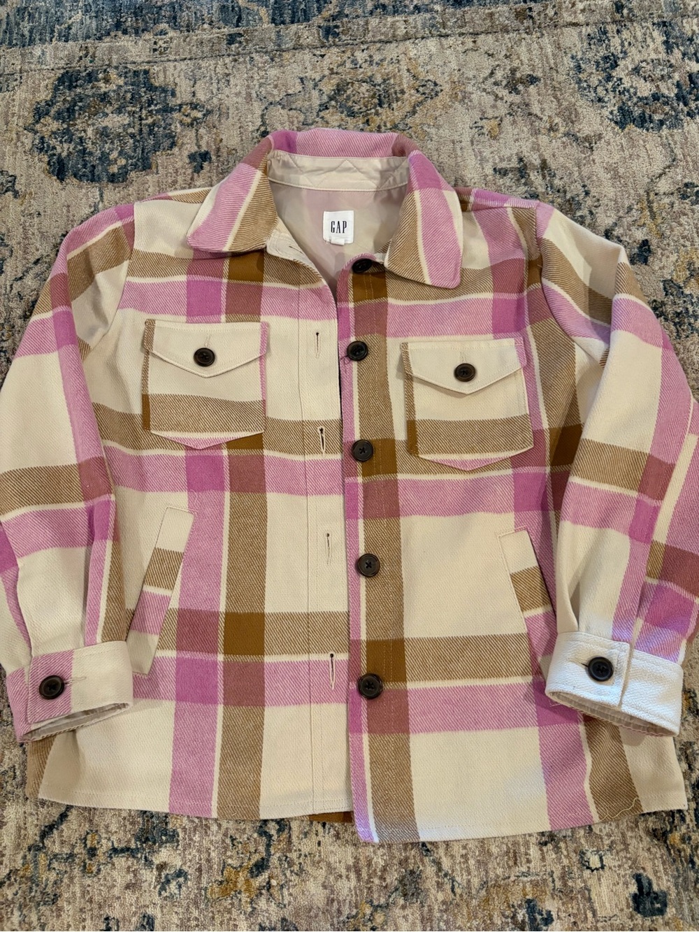 Women’s Gap Pink Plaid Shacket Size Medium Pink/Cream Heavy